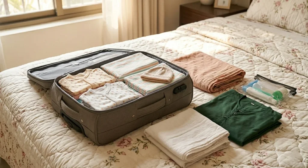 A packed hospital bag with cotton baby clothes and maternity essentials for birth in Pakistan.