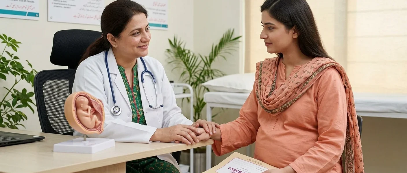 A pregnant Pakistani woman visiting a doctor for a checkup during her pregnancy Pakistan journey.