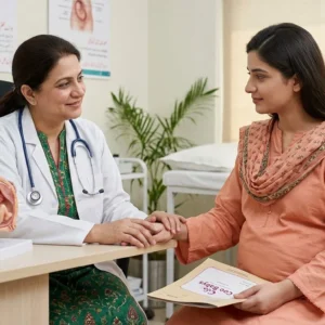 A pregnant Pakistani woman visiting a doctor for a checkup during her pregnancy Pakistan journey.