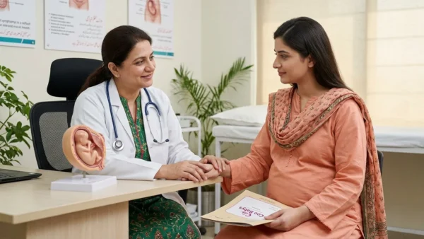 A pregnant Pakistani woman visiting a doctor for a checkup during her pregnancy Pakistan journey.