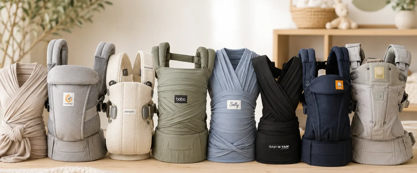 A collection of the best baby carriers for newborns, including soft wraps, hybrid carriers, and structured baby carriers displayed in a modern nursery.