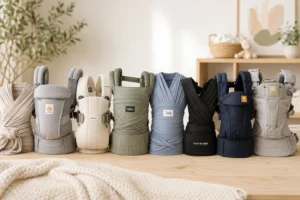 A collection of the best baby carriers for newborns, including soft wraps, hybrid carriers, and structured baby carriers displayed in a modern nursery.