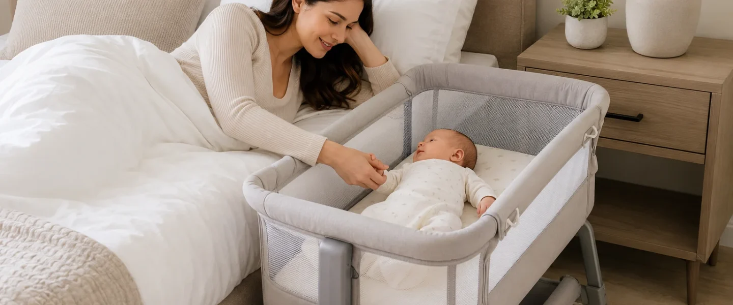 Mother reaching for her newborn sleeping in a bedside bassinet beside an adult bed in a modern bedroom.