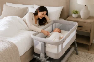 Mother reaching for her newborn sleeping in a bedside bassinet beside an adult bed in a modern bedroom.