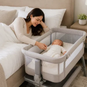 Mother reaching for her newborn sleeping in a bedside bassinet beside an adult bed in a modern bedroom.