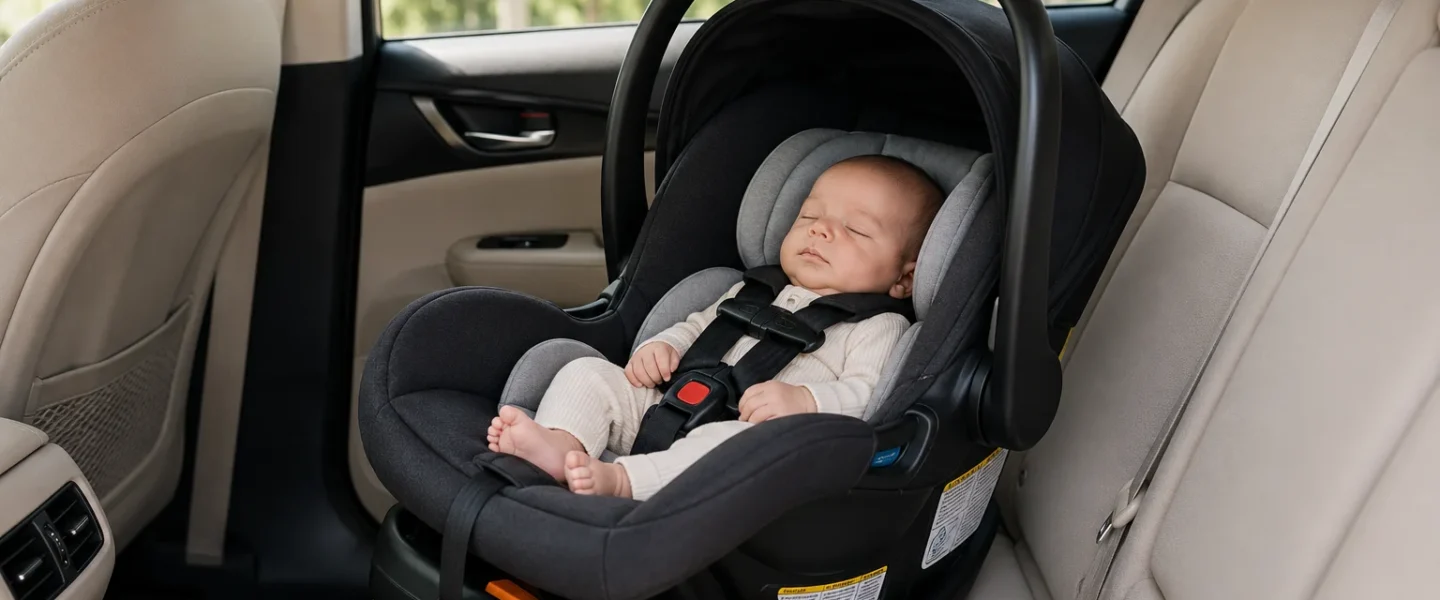 Sleeping newborn secured in a compact rear-facing infant car seat installed in the back seat of a small car.