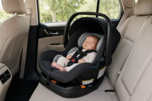 Sleeping newborn secured in a compact rear-facing infant car seat installed in the back seat of a small car.