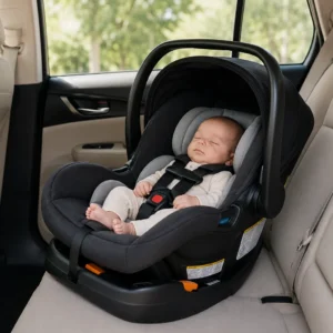 Sleeping newborn secured in a compact rear-facing infant car seat installed in the back seat of a small car.
