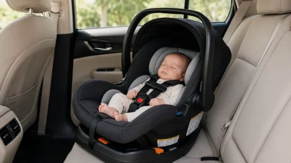 Sleeping newborn secured in a compact rear-facing infant car seat installed in the back seat of a small car.