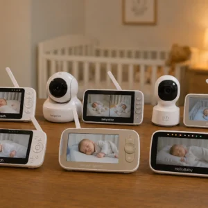A comparison of the best non-WiFi baby monitors with dedicated parent units, featuring models from Infant Optics, VTech, HelloBaby, Babysense, and eufy in a modern nursery setting.