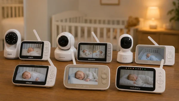 A comparison of the best non-WiFi baby monitors with dedicated parent units, featuring models from Infant Optics, VTech, HelloBaby, Babysense, and eufy in a modern nursery setting.