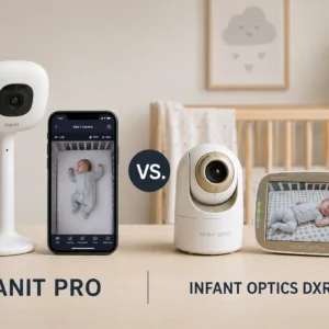 Side-by-side comparison of the Nanit Pro and Infant Optics DXR-8 PRO baby monitors in a modern nursery, showing the WiFi smart monitor versus the non-WiFi video monitor.