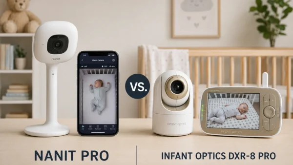 Side-by-side comparison of the Nanit Pro and Infant Optics DXR-8 PRO baby monitors in a modern nursery, showing the WiFi smart monitor versus the non-WiFi video monitor.
