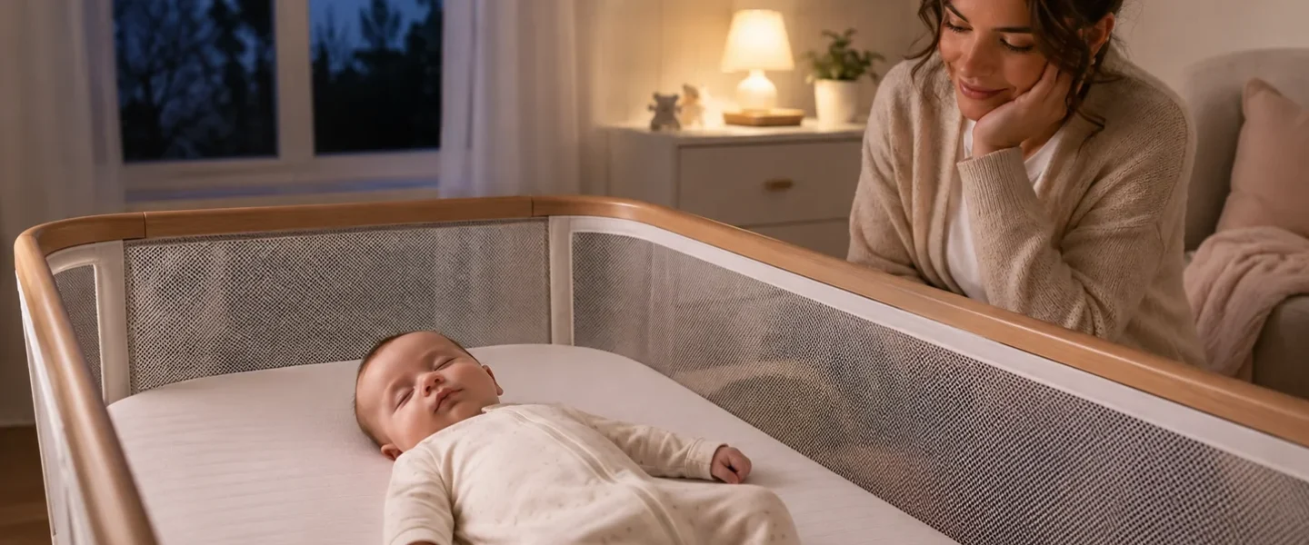 Baby sleeping safely on their back in a bedside crib while a mother watches in a calm nighttime nursery.