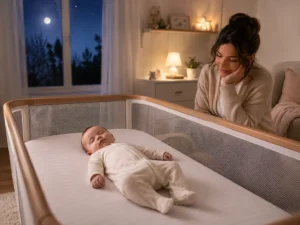 Baby sleeping safely on their back in a bedside crib while a mother watches in a calm nighttime nursery.