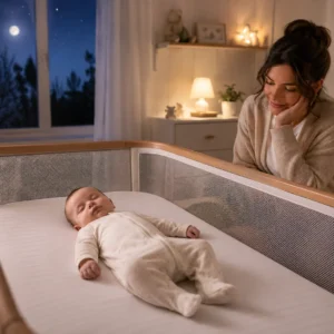 Baby sleeping safely on their back in a bedside crib while a mother watches in a calm nighttime nursery.