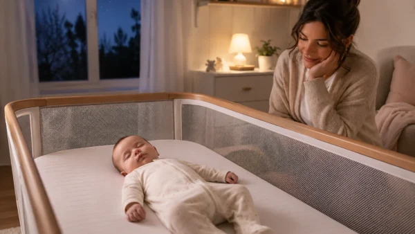 Baby sleeping safely on their back in a bedside crib while a mother watches in a calm nighttime nursery.