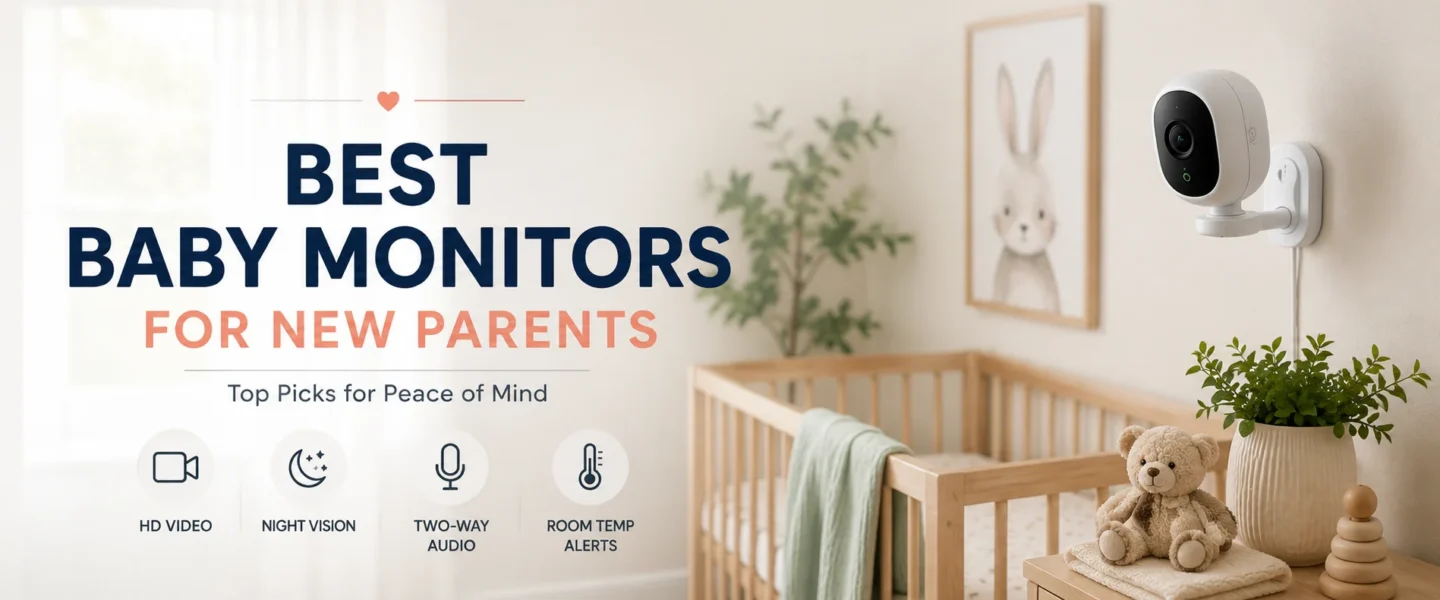 Modern nursery with a baby monitor camera safely mounted near a crib for new parents.