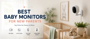 Modern nursery with a baby monitor camera safely mounted near a crib for new parents.