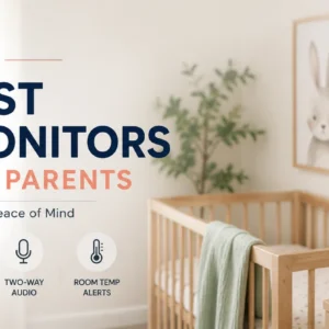 Modern nursery with a baby monitor camera safely mounted near a crib for new parents.
