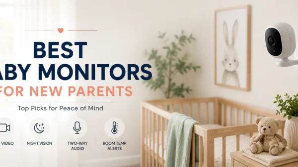 Modern nursery with a baby monitor camera safely mounted near a crib for new parents.