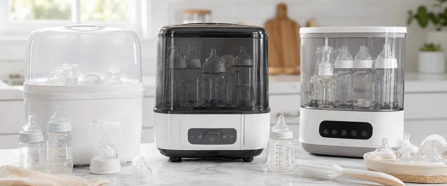 Three baby bottle sterilizers with clean bottles and feeding accessories on a kitchen counter
