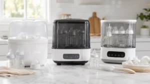 Three baby bottle sterilizers with clean bottles and feeding accessories on a kitchen counter
