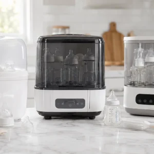 Three baby bottle sterilizers with clean bottles and feeding accessories on a kitchen counter