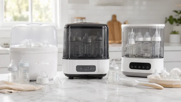 Three baby bottle sterilizers with clean bottles and feeding accessories on a kitchen counter