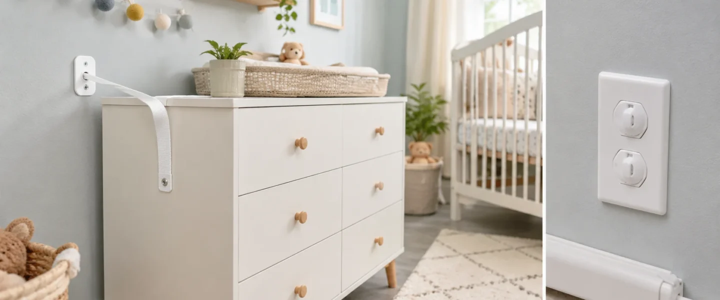 Babyproofed nursery dresser secured with an anti-tip strap beside covered electrical outlets