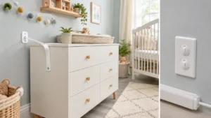 Babyproofed nursery dresser secured with an anti-tip strap beside covered electrical outlets