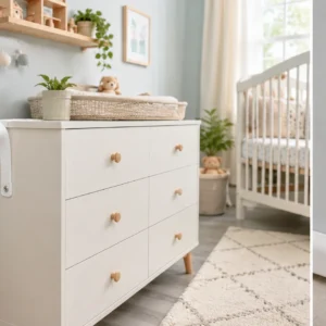 Babyproofed nursery dresser secured with an anti-tip strap beside covered electrical outlets