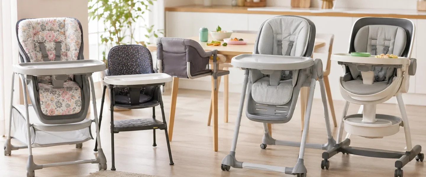 Five baby high chairs arranged in a bright modern kitchen for baby-led weaning