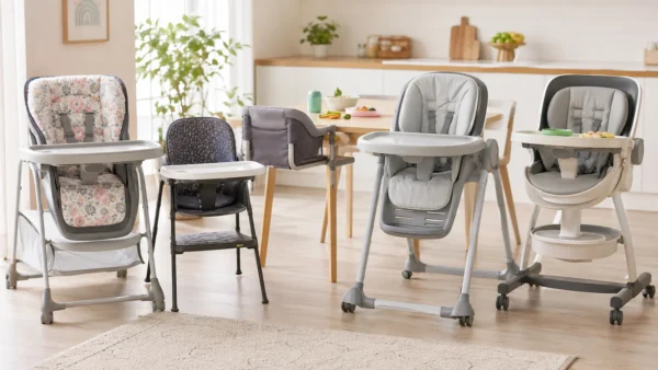 Five baby high chairs arranged in a bright modern kitchen for baby-led weaning