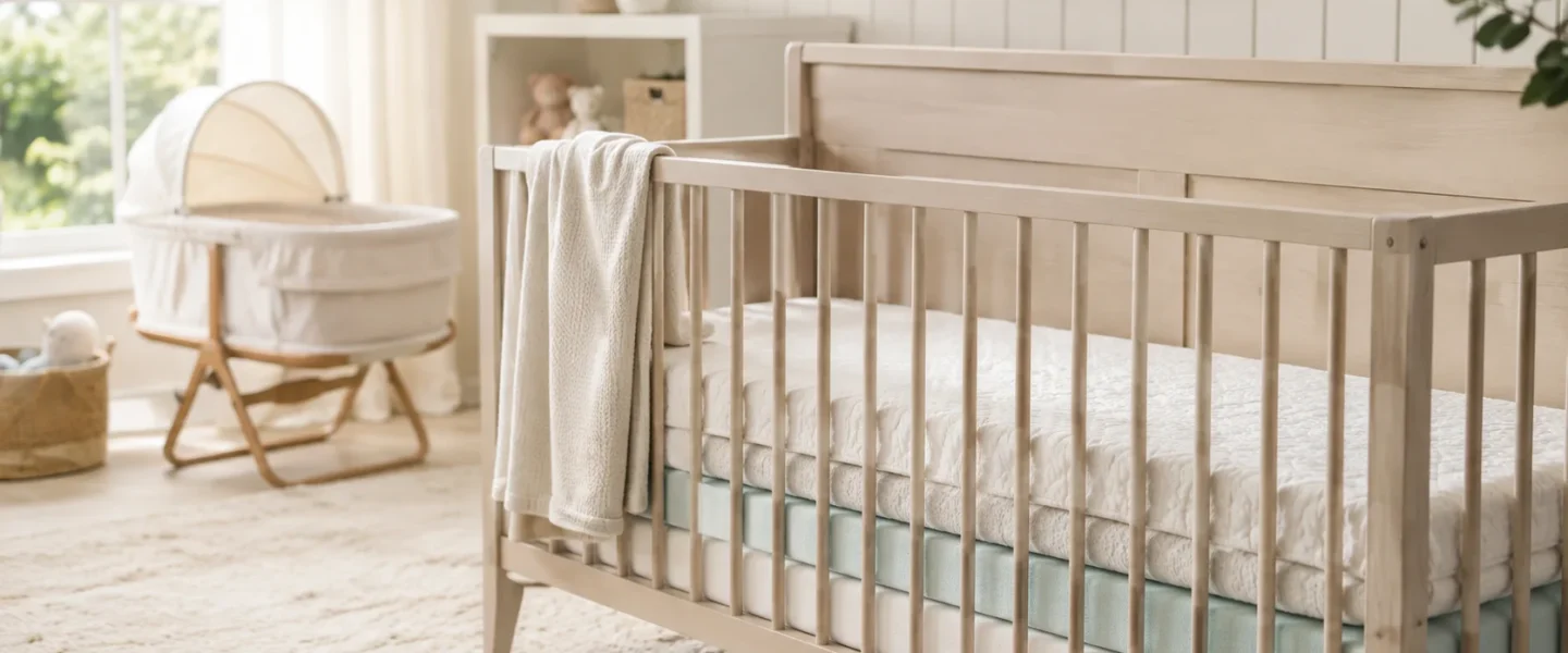 Wooden baby crib with a firm mattress and a bassinet in a bright peaceful nursery