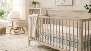 Wooden baby crib with a firm mattress and a bassinet in a bright peaceful nursery
