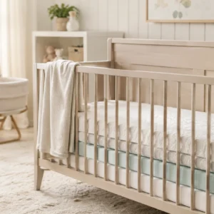 Wooden baby crib with a firm mattress and a bassinet in a bright peaceful nursery