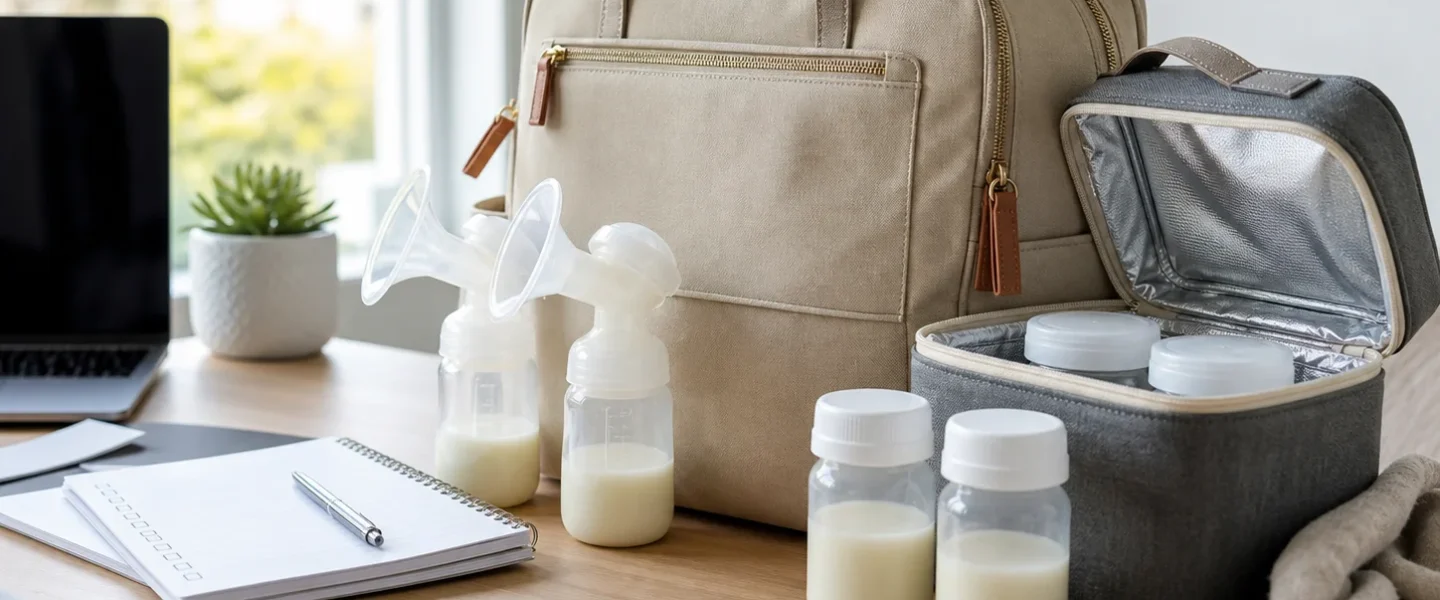 Clean pumping at work setup with milk bottles, cooler bag, labels, and checklist on a bright desk