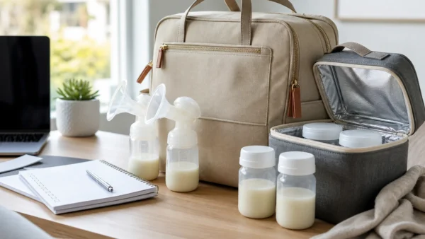 Clean pumping at work setup with milk bottles, cooler bag, labels, and checklist on a bright desk
