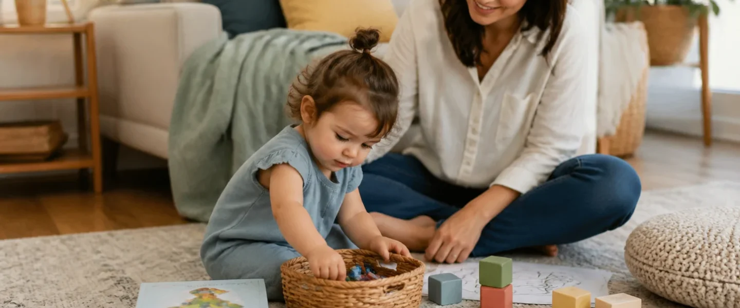 screen free toddler activities basket with books crayons and blocks