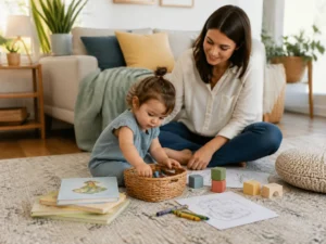 screen free toddler activities basket with books crayons and blocks