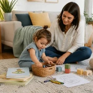 screen free toddler activities basket with books crayons and blocks