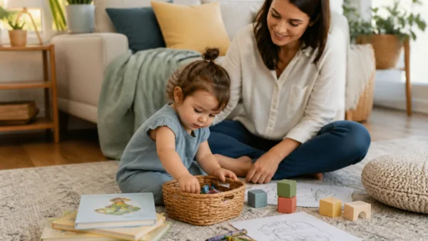 screen free toddler activities basket with books crayons and blocks