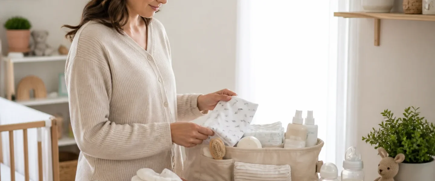 single parent baby registry essentials arranged in a calm nursery
