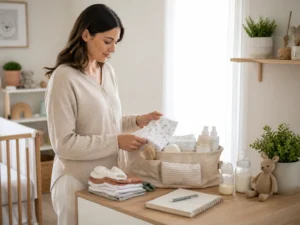 single parent baby registry essentials arranged in a calm nursery