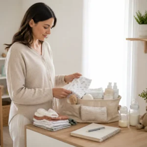 single parent baby registry essentials arranged in a calm nursery