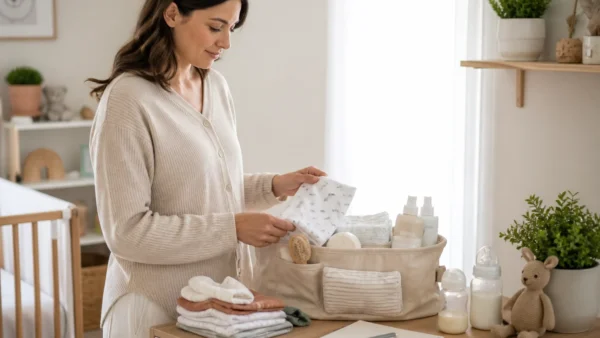 single parent baby registry essentials arranged in a calm nursery