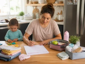 Single parent hacks for a calm family morning routine with a child nearby.
