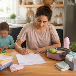 Single parent hacks for a calm family morning routine with a child nearby.