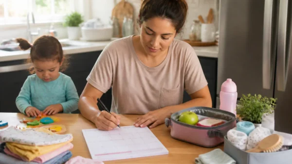 Single parent hacks for a calm family morning routine with a child nearby.
